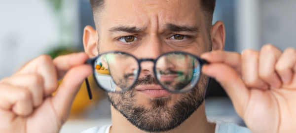 man checking glasses lenses for scratches