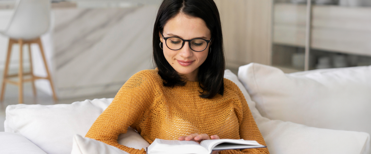 woman wearing progressive lenses and reading