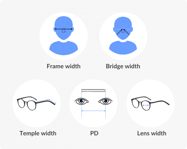 Frame width, bridge width, temple lenght, lens width, pd