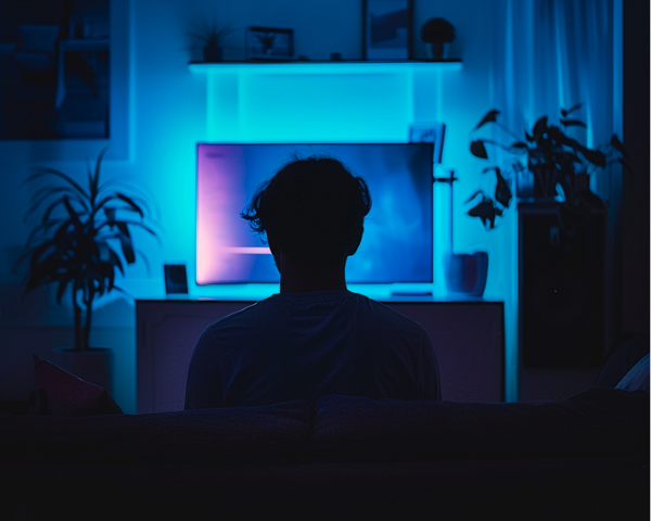 someone sitting in front of tv screen glowing blue in a dark room
