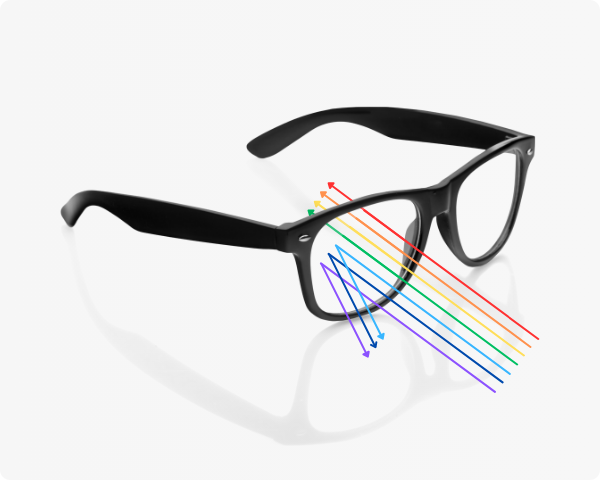 pair of glasses blocking out blue light rays from passing through lens