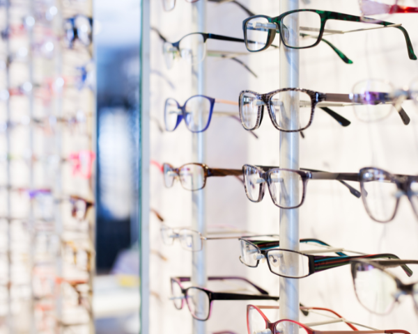 prescription glasses and reading glasses in a store