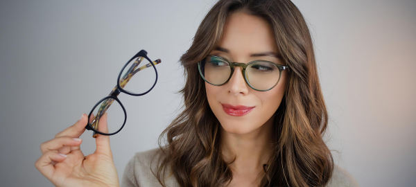woman wearing oval eyeglasses looking at another pair of frames