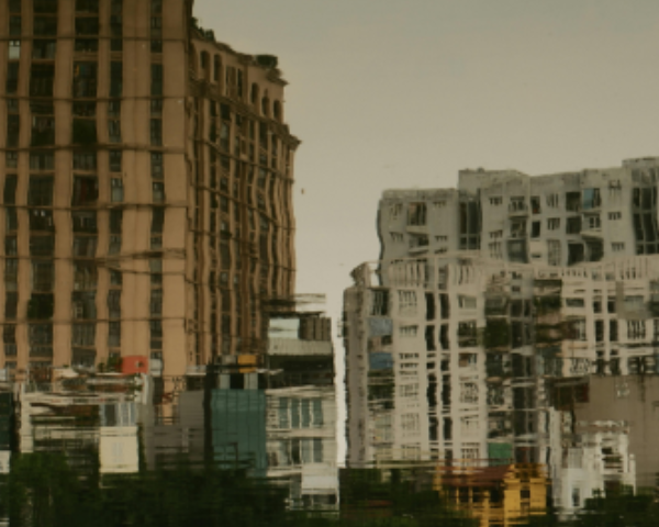 Two buildings seen through distorted vision