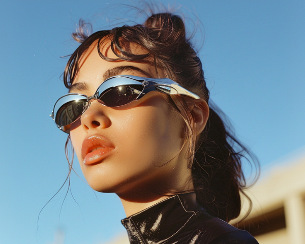 Woman wearing oval mirrored sunglasses