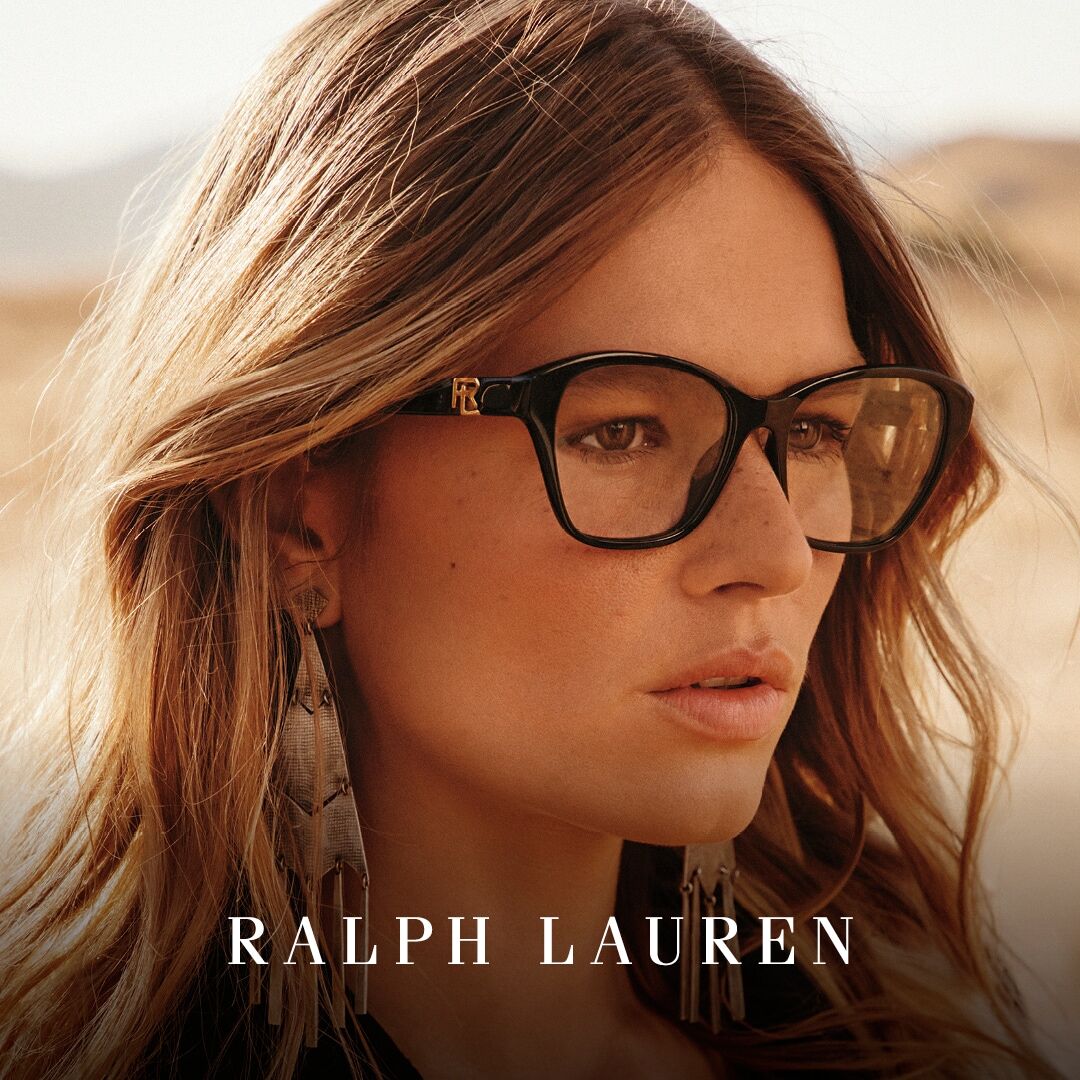 Woman wearing Ralph Lauren eyeglasses and Ralph Lauren's logo