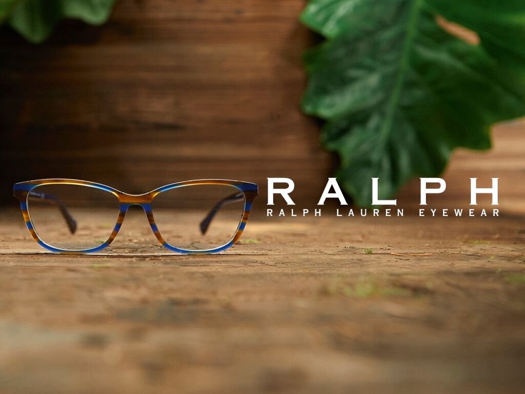 Eyeglasses next to Ralph Lauren logo