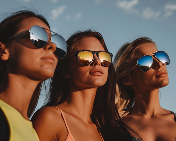 Three women wearing mirror lenses sunglasses