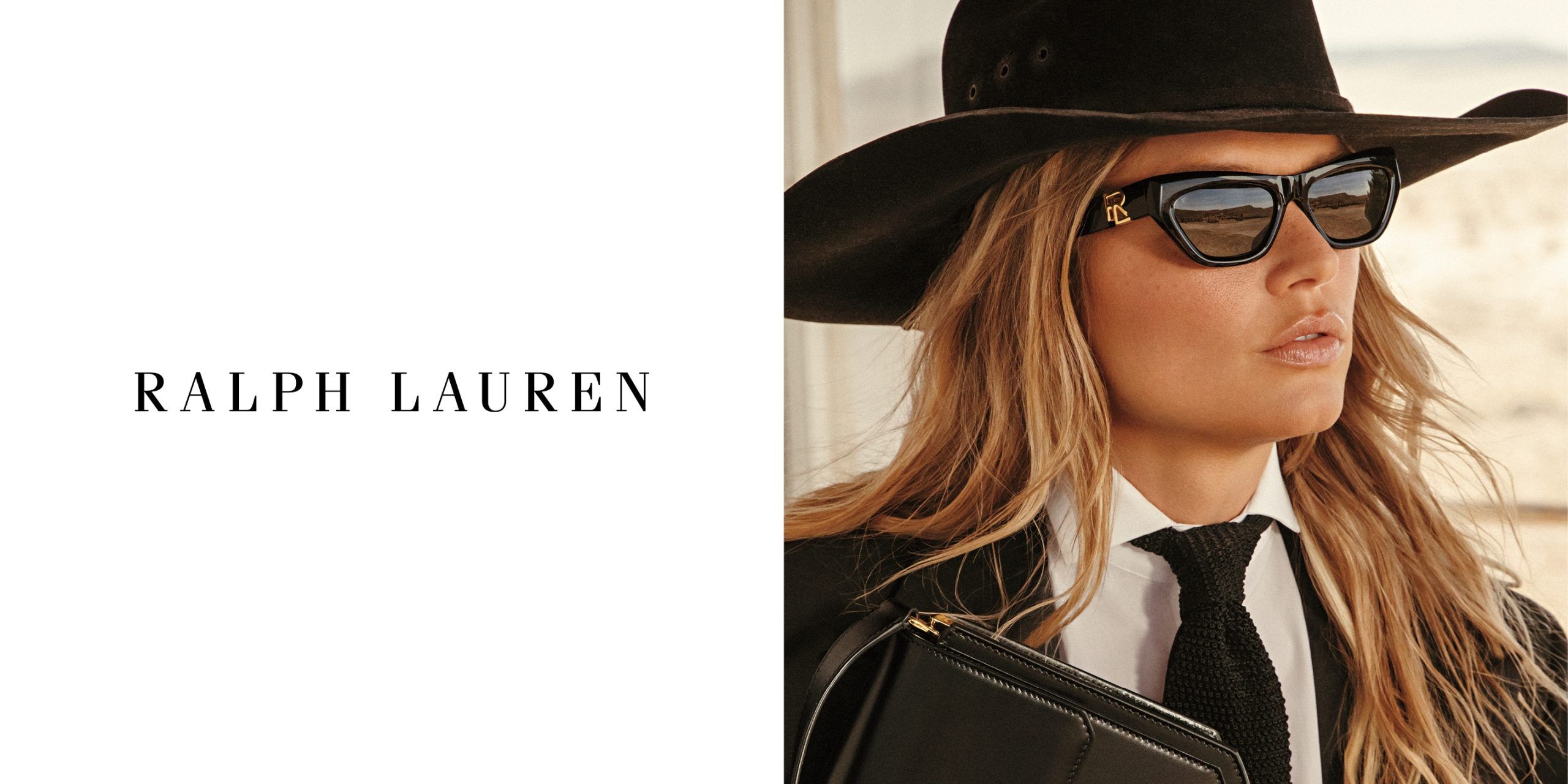 Logo Ralph Lauren and a woman wearing Ralph Lauren sunglasses
