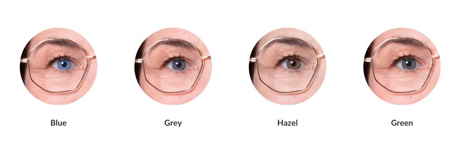 Photo of eye colors in the following order: blue, gray, hazel and green