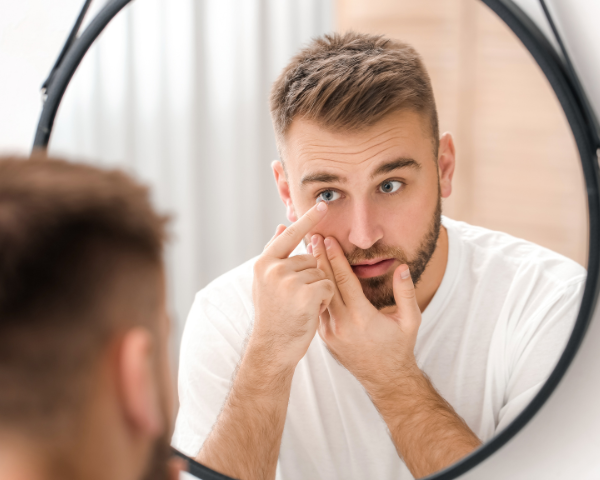 Man putting contact lens on in front of the mirror
