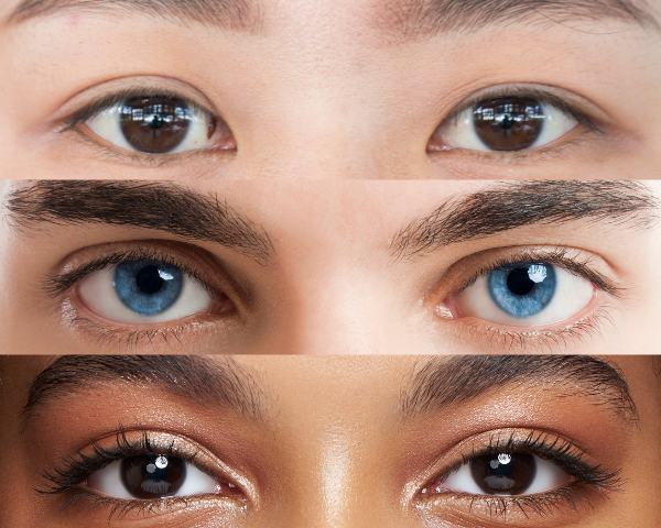 Three close-up shots of eyes: Top pair of eyes are dark brown, the pair in the middle are bright blue, and the pair on the bottom are dark brown.