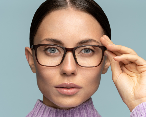 woman with blue eyes wearing eyeglasses