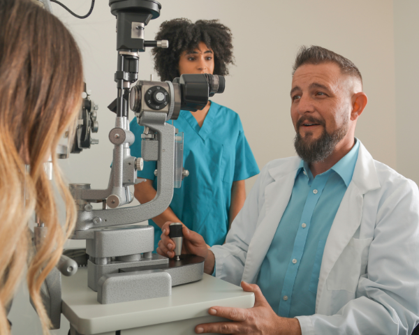 ophthalmologist performing an eye exam