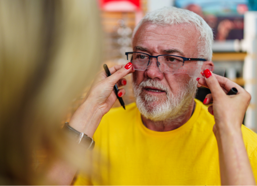 woman measuring a man's pupillary distance with a ruler