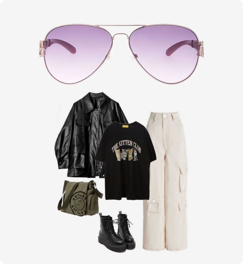 flatlay of jacket, top, pants, bag, boots and purple pilot sunglasses