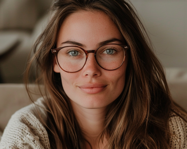 model wearing brown glasses frame
