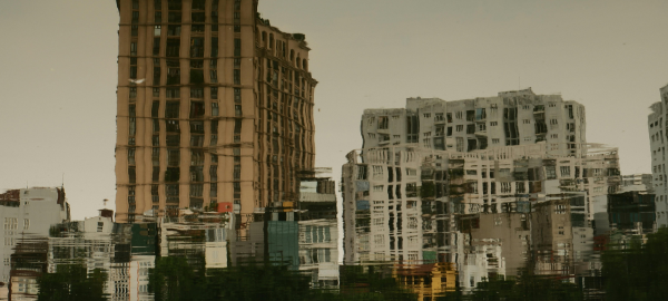 Two buildings seen through distorted vision Distorted buidings