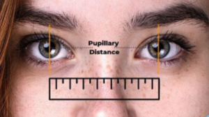 Female, close up of eyes with two lines showing distance of pupillary distance