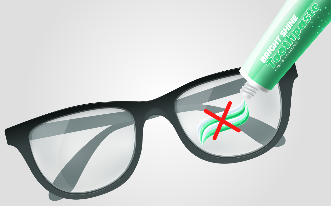 Black glasses with a blob of toothpaste on the lens and a cross through the toothpaste blob