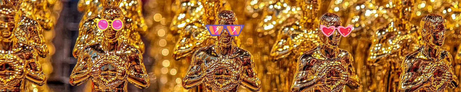 Oscar golden statuettes in rows and 3 have funky sunglasses illustrations on face