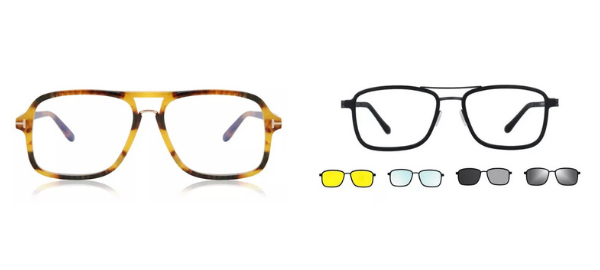 A pair of Tom Ford pilot eyeglasses and a pair of pilot glasses with clip on sunglasses