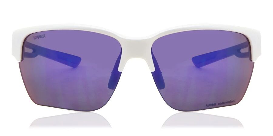 UVEX sunglasses with purple lenses and a white frame