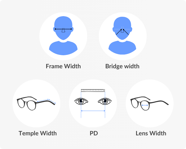 Frame width, bridge width, temple lenght, lens width, pd
