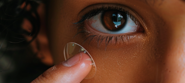 Person putting a contact lens to their eye