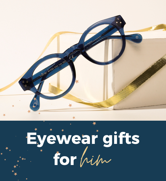 chunky blue glasses frame on gift box with gold ribbon