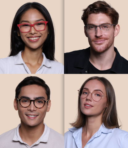 4 people wearing different glasses frames