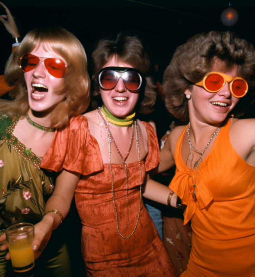 three women wearing coloured sunglasses