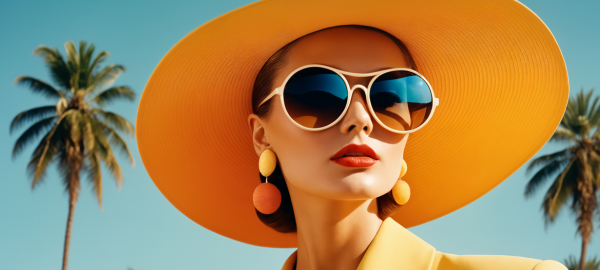 Woman wearing large sunglasses and large yellow hat