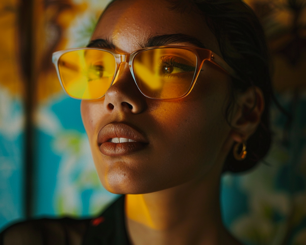 woman wearing blue light glasses with yellow lenses