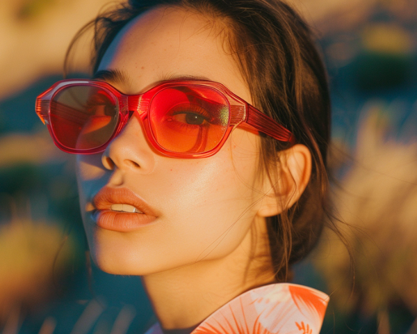 woman wearing blue light glasses with red lenses