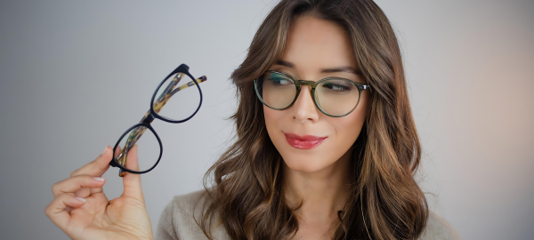 woman choosing frames for high prescription lenses