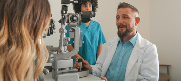 an optometrist speaking to a patient