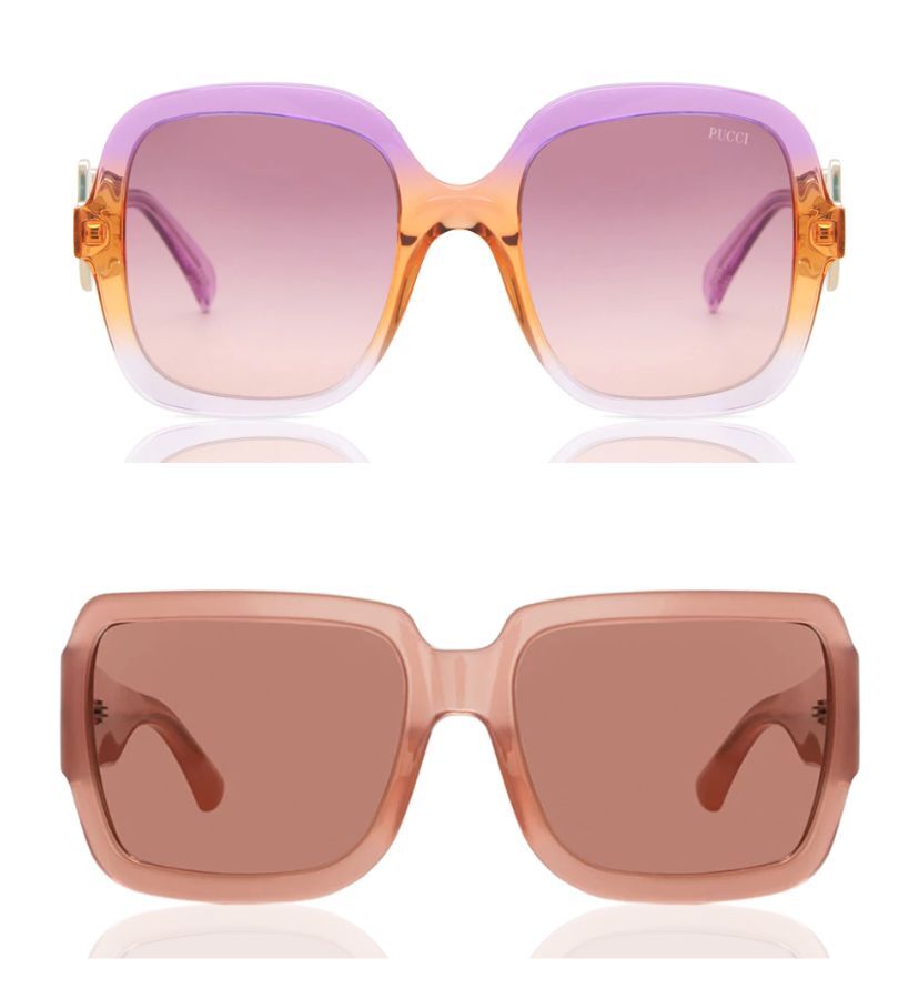 two pink pairs of oversized sunglasses