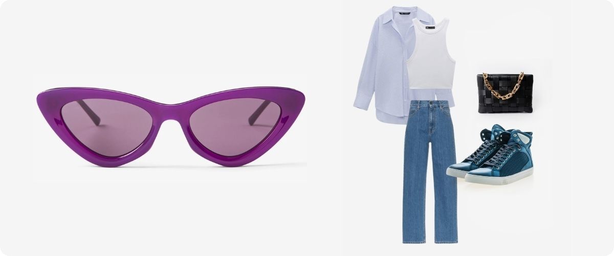 flatlay of shirt, top, bag, jeans, sneakers and purple cat-eye sunglasses