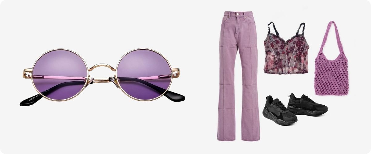 flatlay of jeans, top, bag, shoes and round purple sunglasses