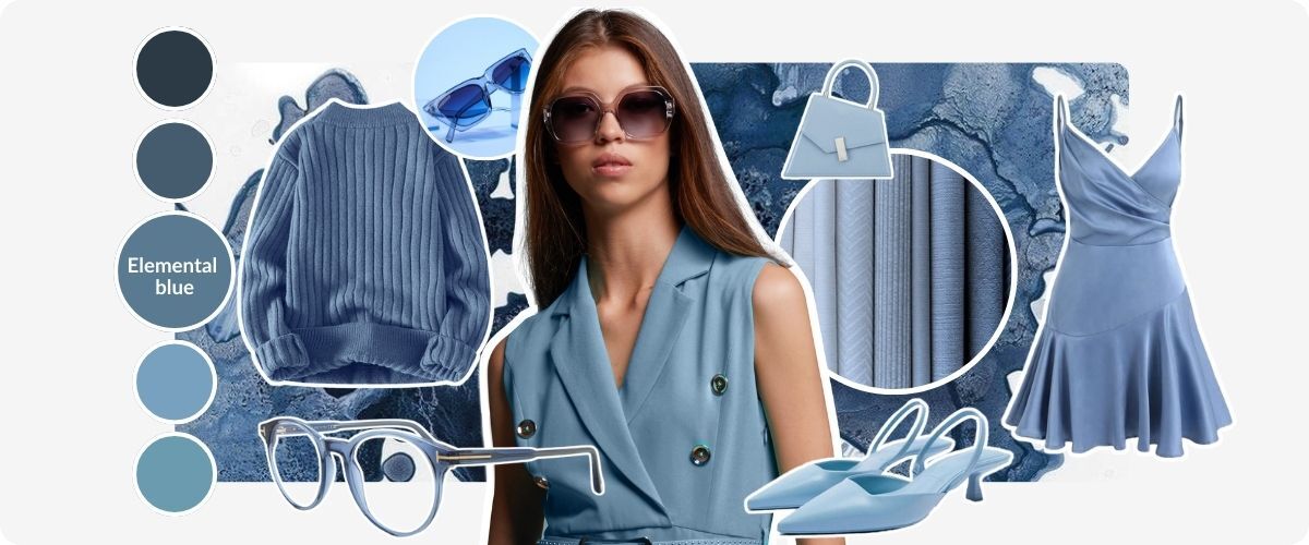 a collage of a woman wearing glasses, shoes, clothes, a bag and glasses all in elemental blue