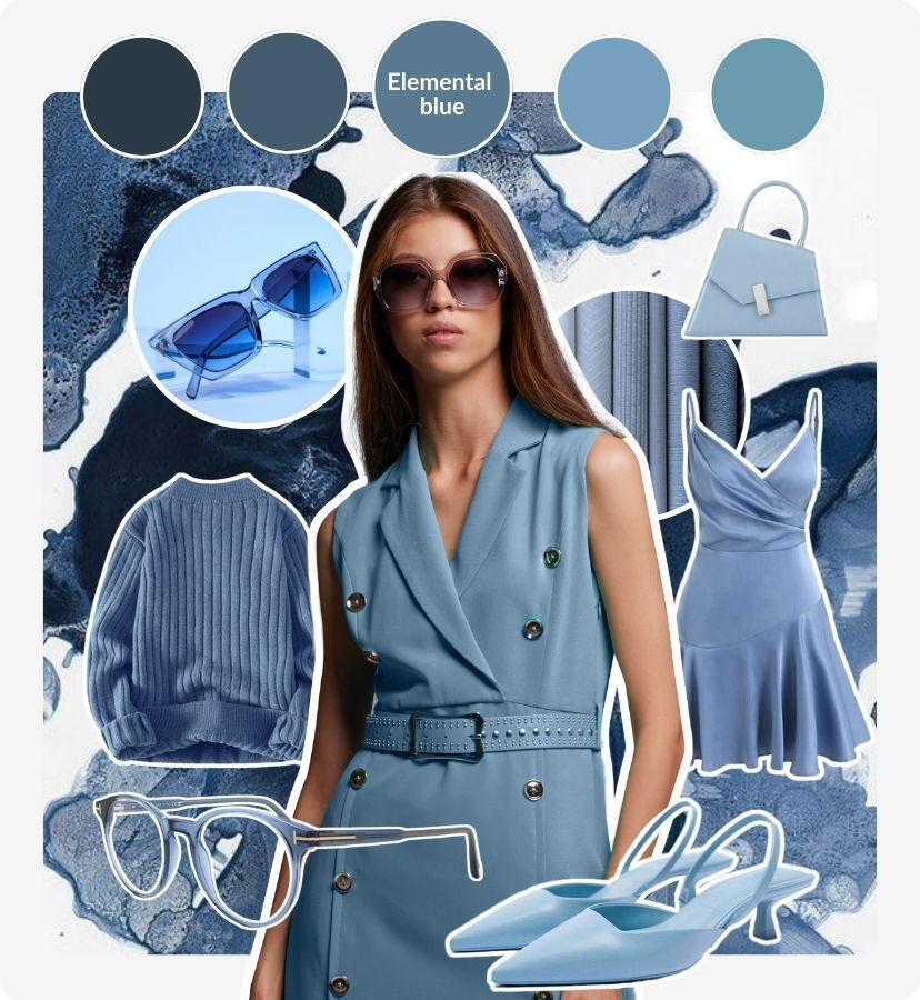 a collage of a woman wearing glasses, shoes, clothes, a bag and glasses all in elemental blue