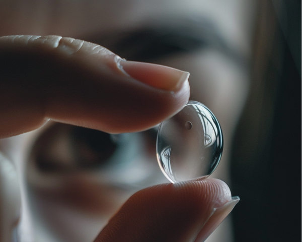 Person holding a contact lens