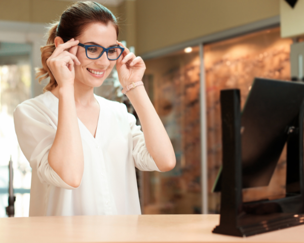 Woman trying on glasses in optical store